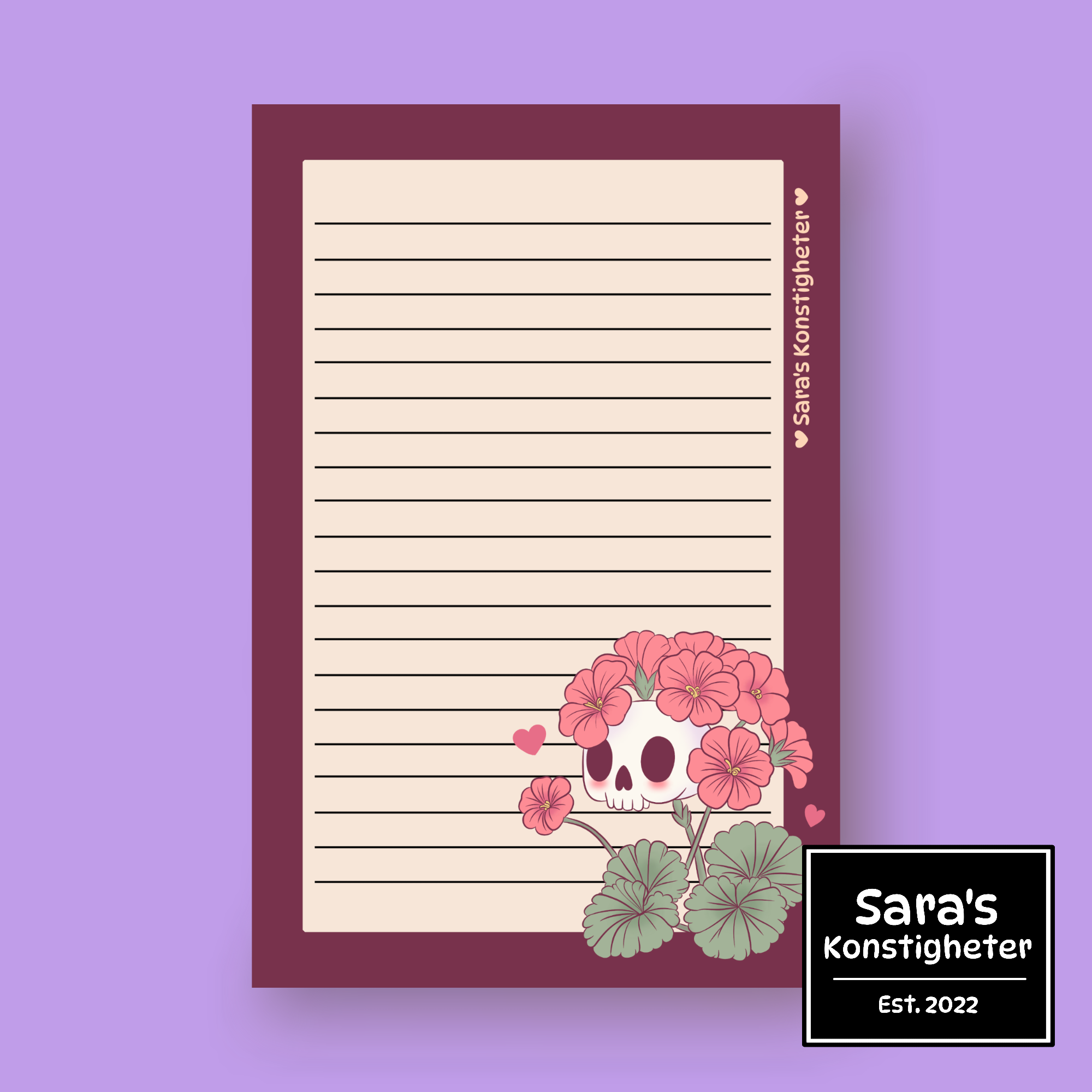 Geranium Skull lined notepad — whimsical floral skull stationery from Saras Konstigheter